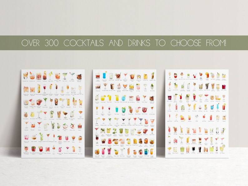 May include: Three printable posters featuring over 300 watercolor illustrations of cocktails and drinks. Each poster has a white background and features a grid of colorful cocktails.