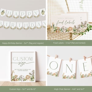 May include: A collection of party decorations with a safari theme. Includes a banner that says "HAPPY BIRTHDAY", food labels, a custom sign, and a high chair banner that says "ONE". The decorations feature watercolor illustrations of jungle animals and foliage.