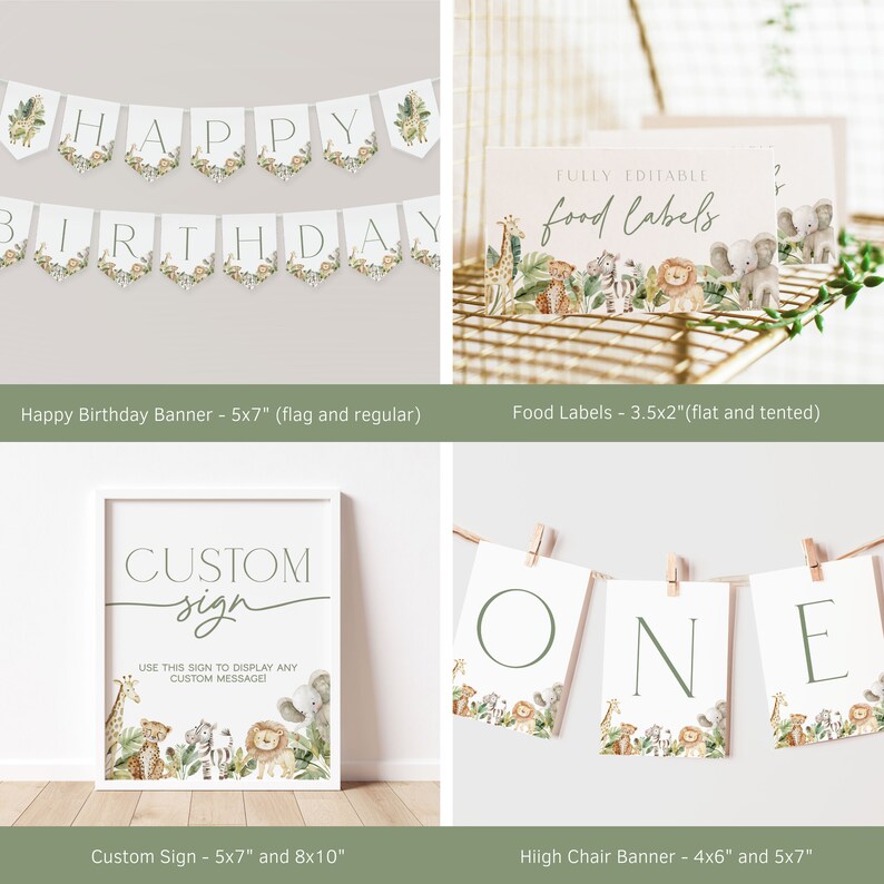 May include: A collection of party decorations with a safari theme. Includes a banner that says "HAPPY BIRTHDAY", food labels, a custom sign, and a high chair banner that says "ONE". The decorations feature watercolor illustrations of jungle animals and foliage.