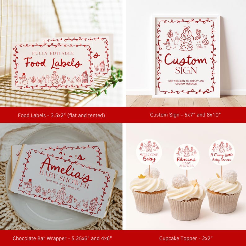 May include: A selection of editable party decorations with a festive design. The image shows food labels, a custom sign, chocolate bar wrappers, and cupcake toppers. All items have a red and white colour scheme with festive illustrations.