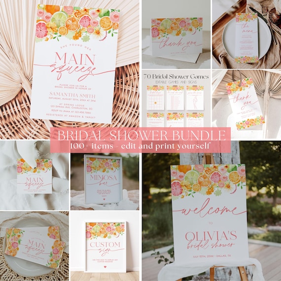 Citrus Bridal Shower Invitation Bundle, Main Squeeze Bridal Shower Invitation and Games Bundle, Floral Lemon Bridal Shower Games | LOLA