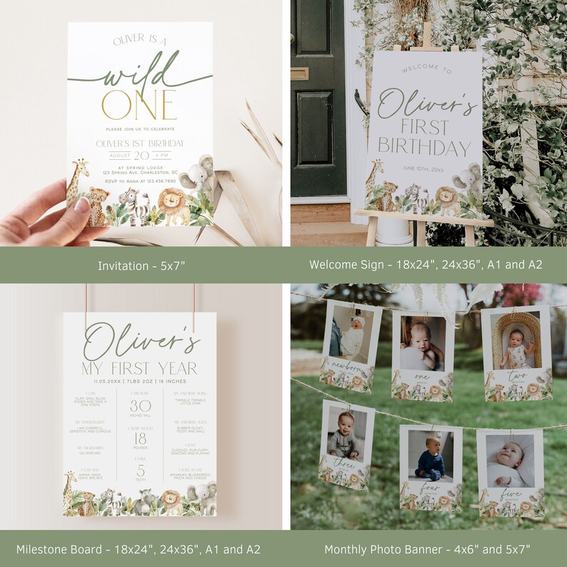 May include: A collection of party supplies with a jungle theme. Includes an invitation, welcome sign, milestone board, and a monthly photo banner. The designs feature watercolor illustrations of safari animals and the text "Oliver is a Wild One."