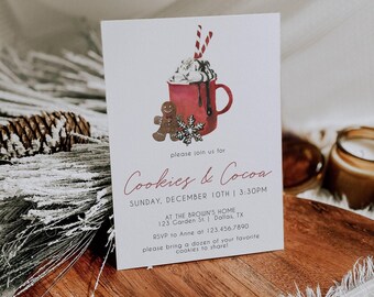 May include: A white invitation card featuring a watercolor illustration of a red mug filled with cocoa, whipped cream, and candy canes, alongside a gingerbread man and snowflake. Text reads: Cookies & Cocoa, Sunday, December 10th, 3:30PM.
