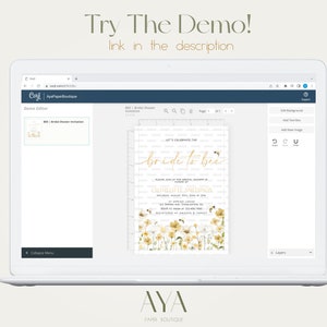 May include: A screenshot of a computer screen showing a web page with a demo editor for a bridal shower invitation. The invitation features a white background with a floral design and the text "Let's Celebrate the Bride to Bee".