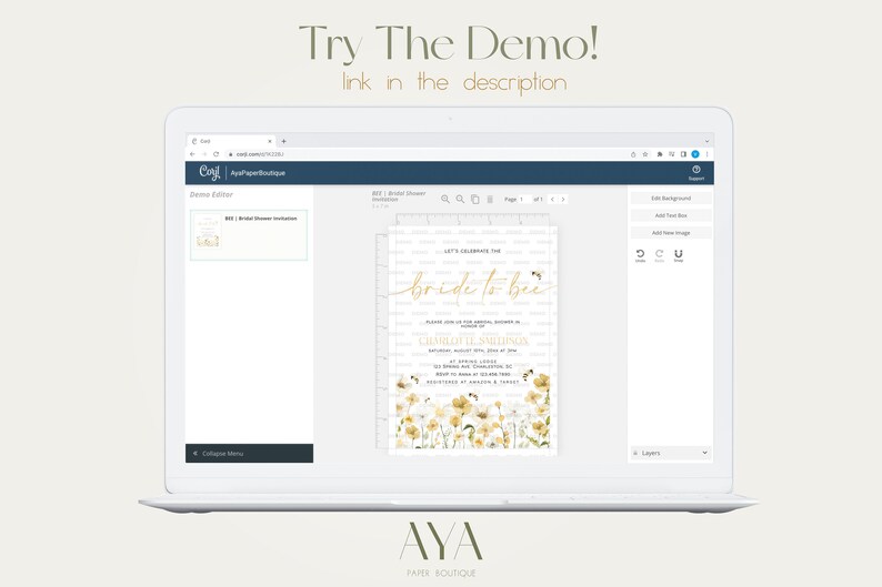 May include: A screenshot of a computer screen showing a web page with a demo editor for a bridal shower invitation. The invitation features a white background with a floral design and the text "Let's Celebrate the Bride to Bee".