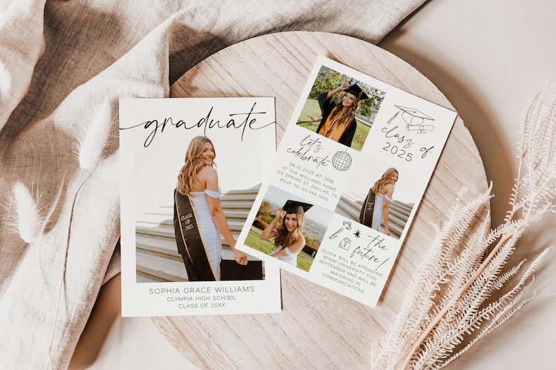 May include: Graduation announcement card with a black and white photo of a graduate in a cap and gown. The text on the card reads "graduate" and "class of 2025".