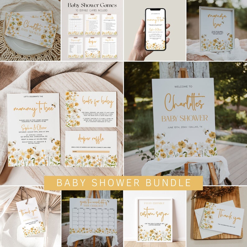 May include: A baby shower bundle with a floral theme. The bundle includes invitations, games, a welcome sign, and thank you cards. The floral design features yellow and white flowers with bees.