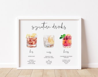 Signature Drinks Sign Template, Printable Signature Cocktails Sign, Editable Bar Menu Sign, Minimalist His and Hers Bar Sign DIY | SARAH
