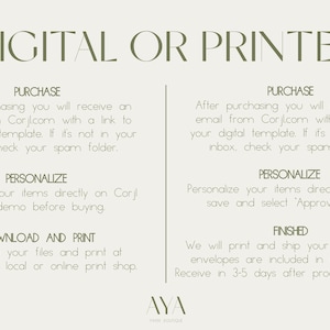 The image is a digital or printed advertisement for a service that allows users to personalize their items, download and print their files, and receive items in envelopes.