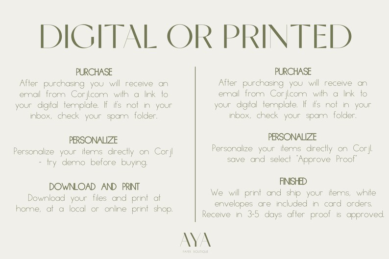 The image is a digital or printed advertisement for a service that allows users to personalize their items, download and print their files, and receive items in envelopes.