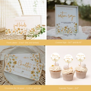 May include: A set of printable baby shower party decorations featuring a floral design with yellow and white flowers. The set includes food labels, a custom sign, a chocolate bar wrapper, and cupcake toppers. The text on the sign reads "custom sign". The text on the chocolate bar wrapper reads "Charlottes Baby Shower". The cupcake toppers feature the text "Mommy to be", "Welcome Baby", and "Baby Games on the Way".