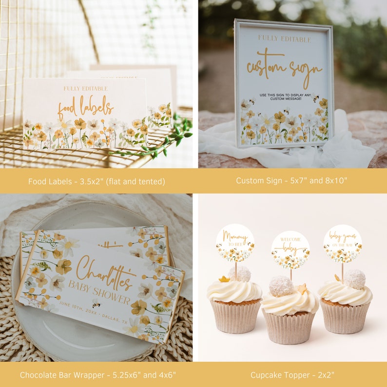May include: A set of printable baby shower party decorations featuring a floral design with yellow and white flowers. The set includes food labels, a custom sign, a chocolate bar wrapper, and cupcake toppers. The text on the sign reads "custom sign". The text on the chocolate bar wrapper reads "Charlottes Baby Shower". The cupcake toppers feature the text "Mommy to be", "Welcome Baby", and "Baby Games on the Way".
