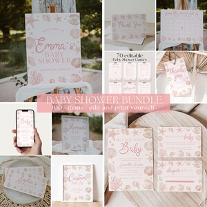 May include: A baby shower stationery bundle featuring a seashell and starfish theme in soft pink tones. The collection includes welcome signs, thank you cards, game sheets, diaper raffle cards, and book request cards with customizable text fields.