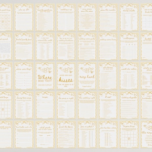 May include: A collection of ivory-colored bridal shower game cards with gold decorative borders. Each card features a different game, with text such as "Where Were They?" and "Ring Hunt". The cards are arranged in a grid.