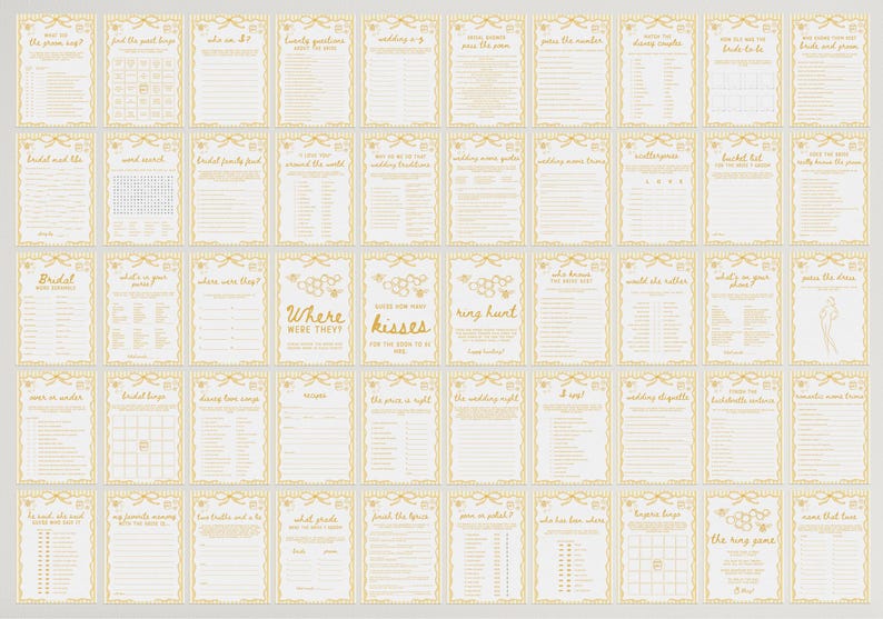 May include: A collection of ivory-colored bridal shower game cards with gold decorative borders. Each card features a different game, with text such as "Where Were They?" and "Ring Hunt". The cards are arranged in a grid.