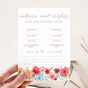 Tarjeta de consejos y predicciones para bebés florales de primavera, tarjetas de consejos para baby shower, consejos para la tarjeta de mamá, tarjetas de predicción de bebés de flores silvestres /SOFIA