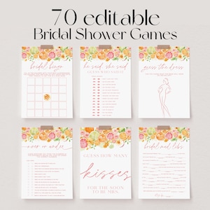 Puede incluir: Se muestran siete juegos imprimibles para la despedida de soltera. Cada juego tiene un diseño floral de acuarela con cítricos y flores. El texto "70 juegos de despedida de soltera editables" está en la parte superior. Incluye "Adivina el vestido".
