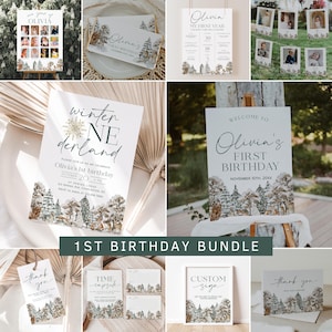 Winter Onederland Birthday Invitation Bundle, Winter 1st Birthday Invitation Template, Woodland First Birthday Decorations | WREN