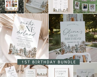 May include: A winter wonderland themed first birthday party printable bundle. The bundle includes a welcome sign, invitation, photo booth backdrop, thank you card, time capsule, and custom sign. The design features a watercolor illustration of a snowy forest with gold accents.