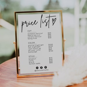 Modelo de lista de preços, folha de preços editável, lista de preços para salões de beleza, lista de preços para pequenas empresas, folha de preços para impressão, lista de preços personalizada | GRAÇA