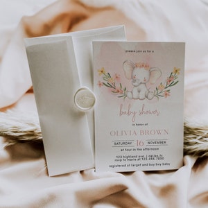 Elephant Baby Shower Invitation Template, Pink Baby Shower Invitation, Watercolor Baby Elephant Baby Shower Invite, Girl Baby Shower | EVE
