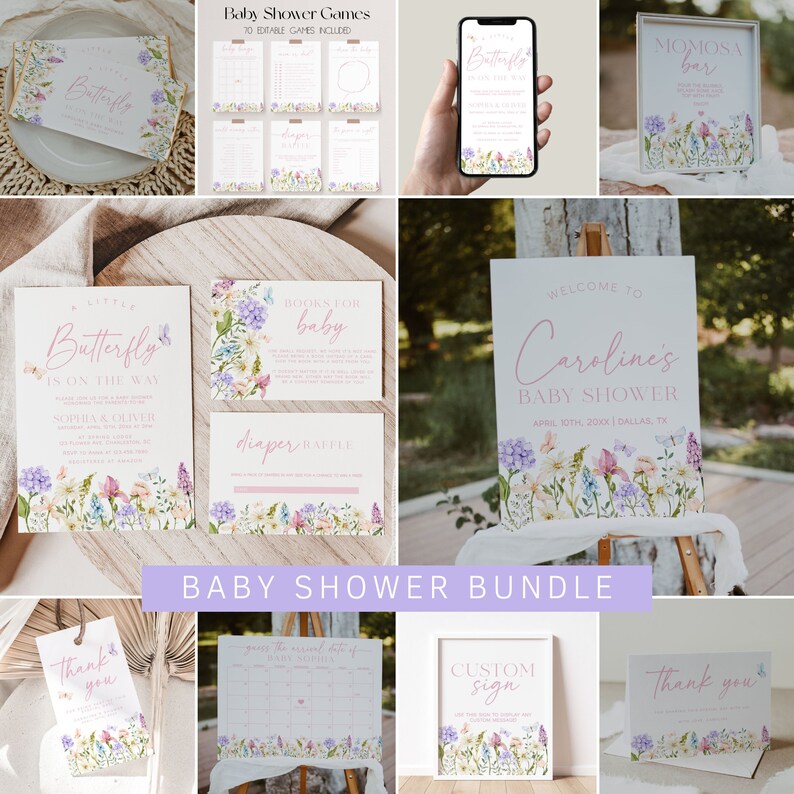 Butterfly Baby Shower Invitation Bundle, Wildflower Theme (digital ...