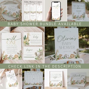 May include: A set of printable baby shower decorations with a jungle theme. The decorations include a welcome sign, a diaper raffle sign, a game card, a thank you sign, a custom sign, and a calendar game. The decorations feature a green, brown, and yellow colour scheme with illustrations of animals such as giraffes, elephants, and lions.