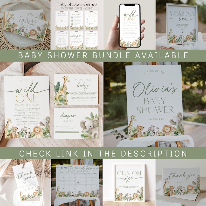 May include: A set of printable baby shower decorations with a jungle theme. The decorations include a welcome sign, a diaper raffle sign, a game card, a thank you sign, a custom sign, and a calendar game. The decorations feature a green, brown, and yellow colour scheme with illustrations of animals such as giraffes, elephants, and lions.