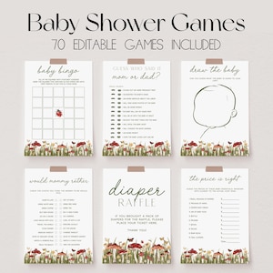 Puede incluir: Juego de baby shower con 70 juegos editables. Incluye bingo para bebés, "Adivina quién lo dijo", "Dibuja al bebé", "¿Mamá preferiría?", "Rifa de pañales" y "El precio es correcto". Cada juego tiene un diseño floral y de hongos.