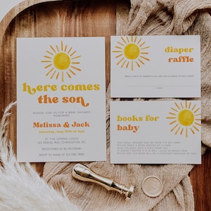 Sun Baby Shower Invitation Set Template, Here Comes the Son Baby Shower Invite, Boy Baby Shower, Sunshine Baby Sprinkle | SUN