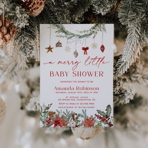 A Merry Little Baby Shower Invitation Template, Christmas Baby Shower Invite, Winter Baby Shower Invitation, Holiday Baby Shower | HOLLY