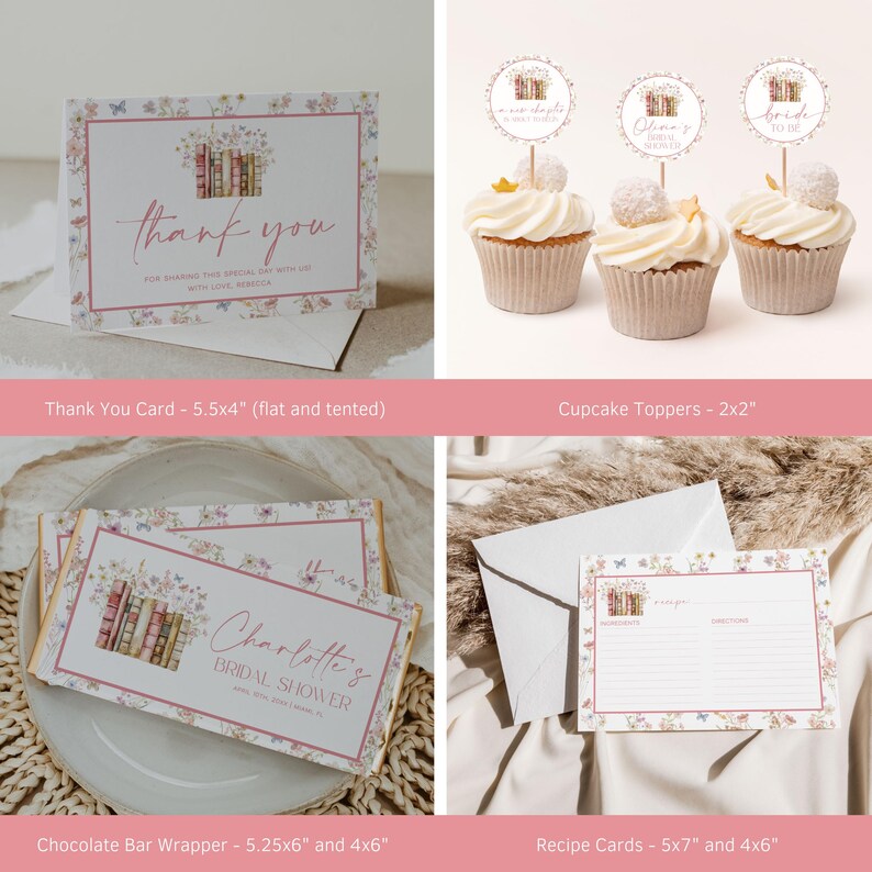 May include: A selection of stationery items with a floral and book theme. Includes a thank you card, cupcake toppers, chocolate bar wrappers, and recipe cards. The thank you card is 14x10 cm, and the chocolate bar wrapper is 13.3x15.2 cm.