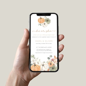 Little Pumpkin Gender Reveal Evite Template, Fall Gender Reveal Electronic Invite, Autumn He or She Text Invite, Rustic Phone Invite | HAZEL