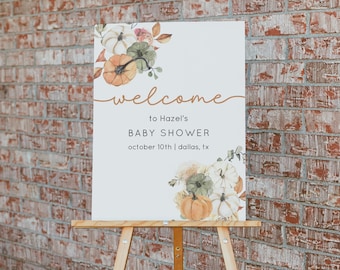 Pumpkin Baby Shower Welcome Sign Template, Fall Welcome Poster, Autumn Leaves Baby Shower Sign, Bridal Shower Welcome Sign | HAZEL