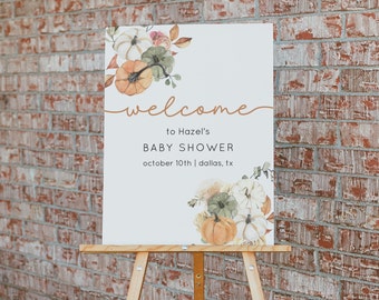Szablon powitalny na baby shower z dynią i jesiennymi liśćmi (do pobrania w wersji cyfrowej)
