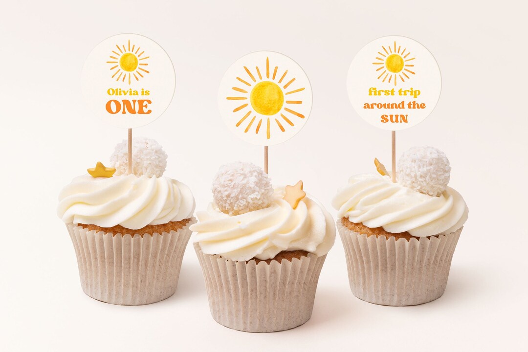 Sun Birthday Cupcake Toppers Template, First Trip Around the Sun Cupcake Topper, Editable