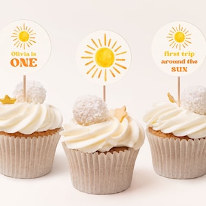 Sun Birthday Cupcake Toppers Vorlage, erste Reise um die Sonne Cupcake Topper, bearbeitbare Sunshine Cupcake Topper, Sun 1st Birthday | SUN