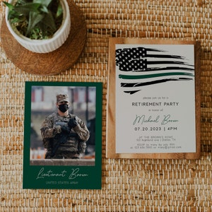 May include: A green invitation card with a photo of a military officer wearing a face mask and a green, white and black American flag with a green stripe. The text on the card reads "Lieutenant Brown, United States Army" and "Retirement Party in honour of Michael Brown, 07.20.2023 | 4PM, AT THE BROWN'S HOME, 123 highland ave | Dallas, TX, RSVP to mary by July 10th at 123 456 7890 or mary@gmail.com".