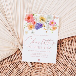 Girl First Birthday Invitation Template, Floral 1st Birthday Invite, Spring Flower Birthday Invitation, Wildflower First Birthday | SOPHIA