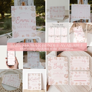 May include: A collection of baby shower stationery featuring a light pink seashell and starfish theme. The set includes welcome signs, thank you cards, game sheets, invitation templates, and raffle cards, all decorated with soft pink ocean motifs.