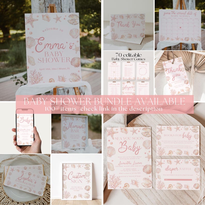May include: A collection of baby shower stationery featuring a light pink seashell and starfish theme. The set includes welcome signs, thank you cards, game sheets, invitation templates, and raffle cards, all decorated with soft pink ocean motifs.