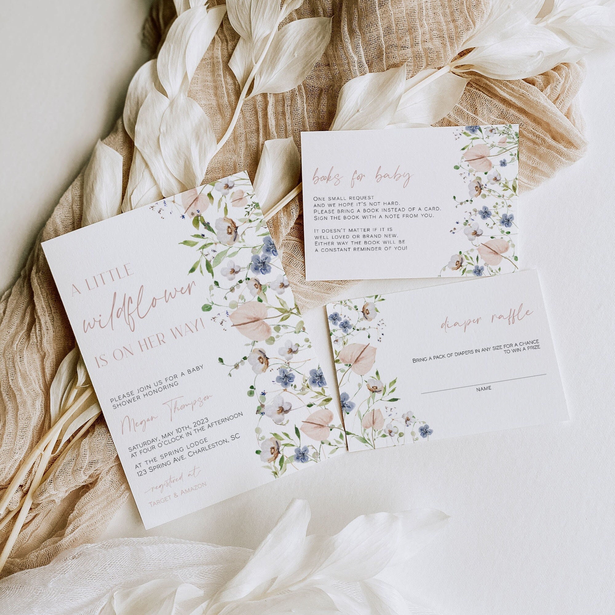 Wildflower Baby Shower Invitation Set Template Spring Baby Shower Invitation Suite Garden Flowers Baby Shower Invite BLAIR