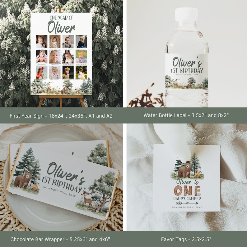 May include: A set of printable party decorations for a first birthday with a woodland theme. The set includes a sign, water bottle labels, chocolate bar wrappers, and favour tags. The decorations feature a brown bear, deer, and a campfire.
