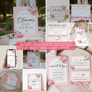 Op de afbeelding: Een baby shower bundel met een watermeloen thema, inclusief uitnodigingen, borden, spelletjes en bedankkaarten. De ontwerpen bevatten roze gingham patronen en watermeloen illustraties. De tekst luidt "Baby Shower Bundle 100 items edit and print yourself."