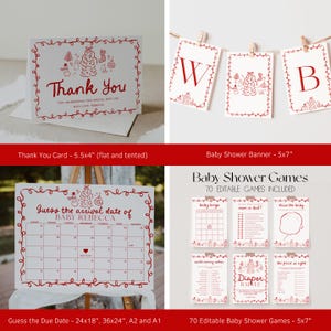 May include: A set of baby shower stationery in red and white. Includes a thank you card, a banner with the letters "W" and "B", a calendar to guess the due date, and baby shower games. The text includes "Thank You" and "Baby Rebecca".