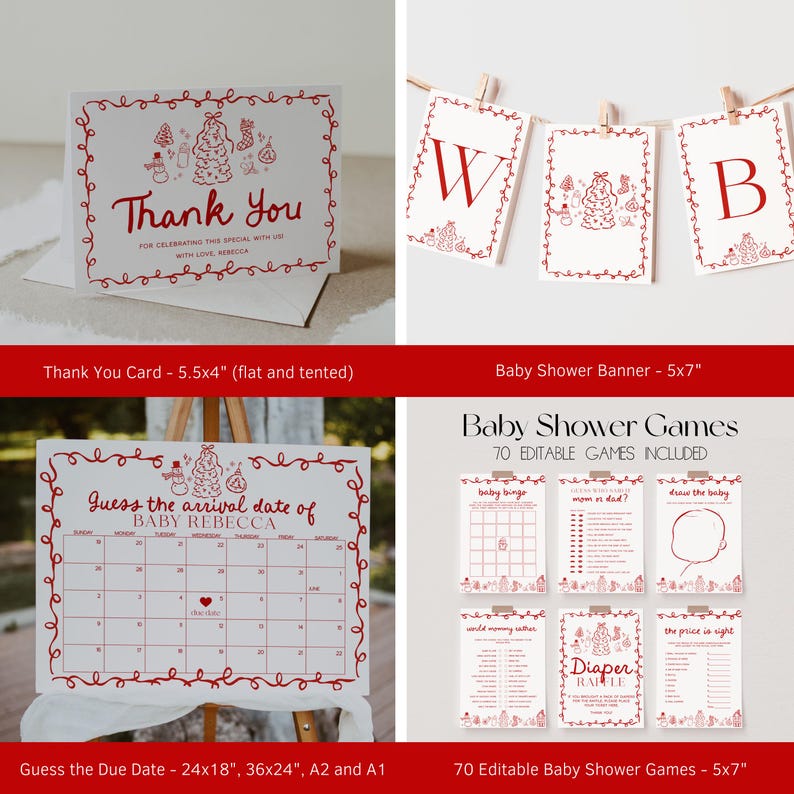May include: A set of baby shower stationery in red and white. Includes a thank you card, a banner with the letters "W" and "B", a calendar to guess the due date, and baby shower games. The text includes "Thank You" and "Baby Rebecca".