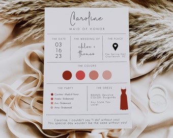 Peut inclure: Une carte d'invitation de mariage avec un fond blanc et du texte noir. La carte présente la date, le mariage de Chloé et Thomas, les couleurs, la fête et la robe. La carte comprend également une citation de la demoiselle d'honneur, Caroline.