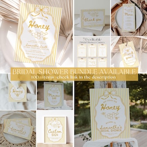 May include: A collection of yellow and white bridal shower stationery items. The designs feature a honeycomb and bee theme with the text "She Found Her Honey". Includes invitations, thank you cards, and signs. The text "Bridal Shower Bundle Available" is also visible.