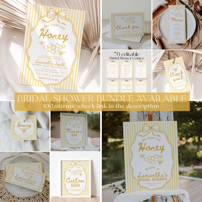 May include: A collection of yellow and white bridal shower stationery items. The designs feature a honeycomb and bee theme with the text "She Found Her Honey". Includes invitations, thank you cards, and signs. The text "Bridal Shower Bundle Available" is also visible.