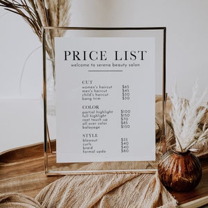 Modelo minimalista de lista de preços para pequenas empresas, lista de preços de salão de beleza, folha de preços para impressão, lista de preços personalizada, preço editável | SERENA